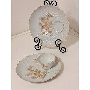 Post War Japanese Porcelain Gold Pinecone Two Snack Plate & One Teacup Set